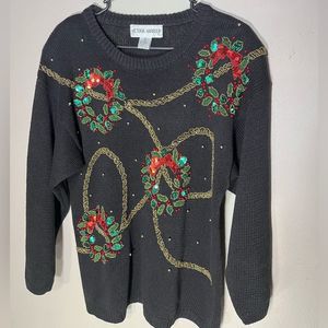 Christmas Sweater! Pull Over Red + Green  Wreaths Gold Ribbons Black Background